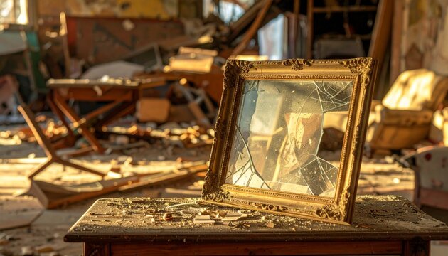 Shattered Ornate Picture Frame with Broken Glass