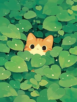 A cute cat is hiding in the bushes.