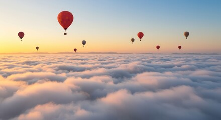 Fototapeta premium Colorful hot air balloons flying over a sea of clouds at golden sunrise