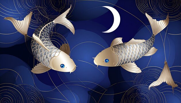 Robotic fish swimming in holographic underwater environment with moon and net patterns