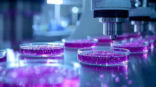 Laboratory equipment dispensing liquid into petri dishes representing biotechnology research and medical experimentation