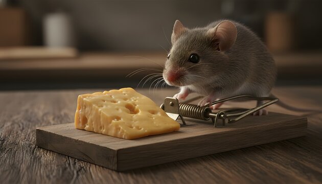 Small grey mouse in a cheese trap concept exploring risk and reward for domestic animals and rodent pest control in a kitchen with soft focus and macro detail