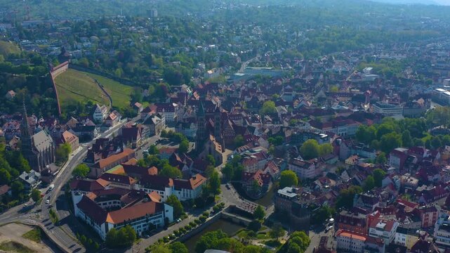 Aerial view of the old town in the city of Esslingen in Germany.  On sunny spring morning.