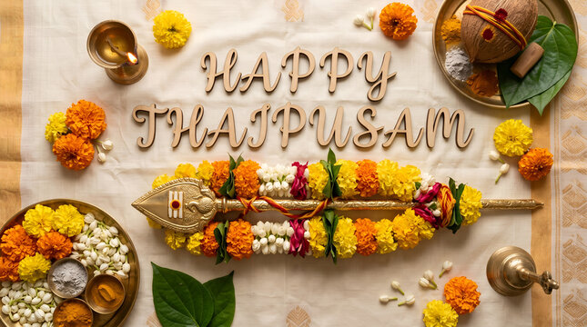 A festive flat lay for Happy Thaipusam, featuring traditional Hindu offerings, colorful marigold garlands, a sacred Vel spear, and coconuts, celebrating devotion