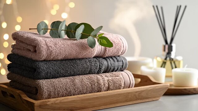Stacked soft towels with eucalyptus sprig in spa like setting