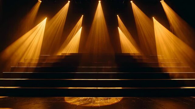 Golden stage lighting beams illuminating performance space with dramatic atmosphere and professional entertainment setup