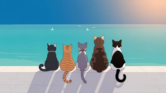 海を眺めて黄昏れる5匹の猫の後ろ姿を描いた癒やしのイラスト