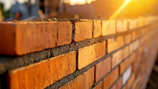 Close up of stacked bricks in construction site with warm sunlight showing building materials and architectural work