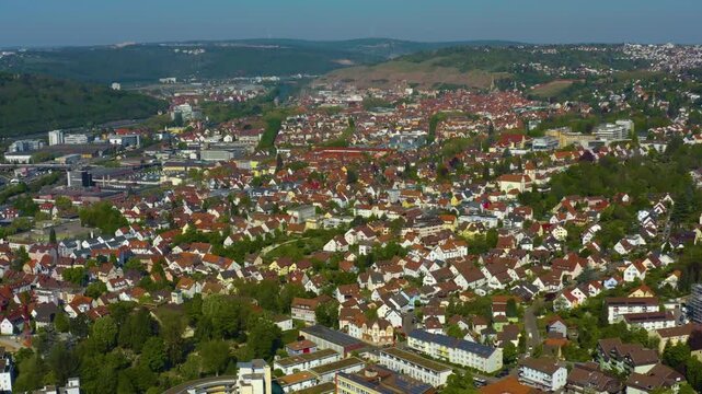 Panoramic Aerial view of  the city of Esslingen in Germany.  On sunny spring morning.