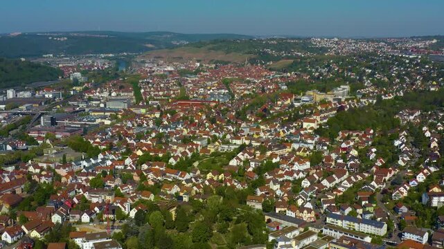 Panoramic Aerial view of  the city of Esslingen in Germany.  On sunny spring morning.