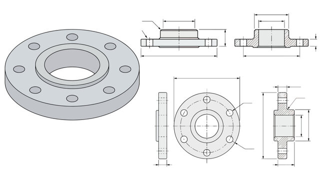 Mechanical Flange Component With Technical Drawings Isometric and Orthographic Engineering CAD Blueprint for Pipe Fitting