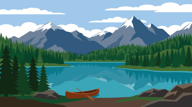 Red Canoe on Lake Shore.