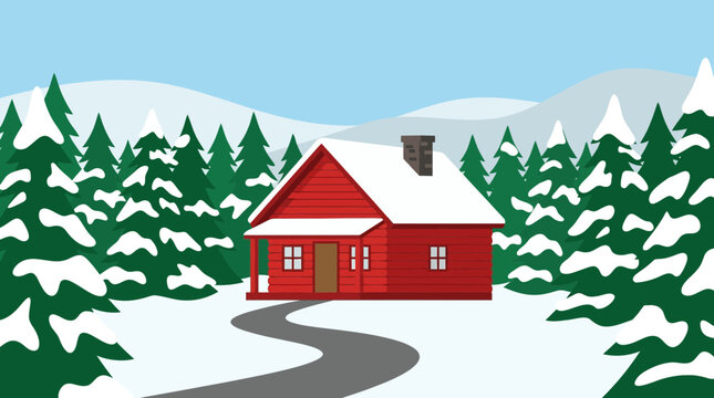 Red house with snow on roof.