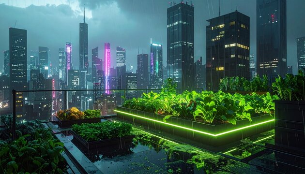 Rooftop garden with neon-lit skyscrapers in misty urban night