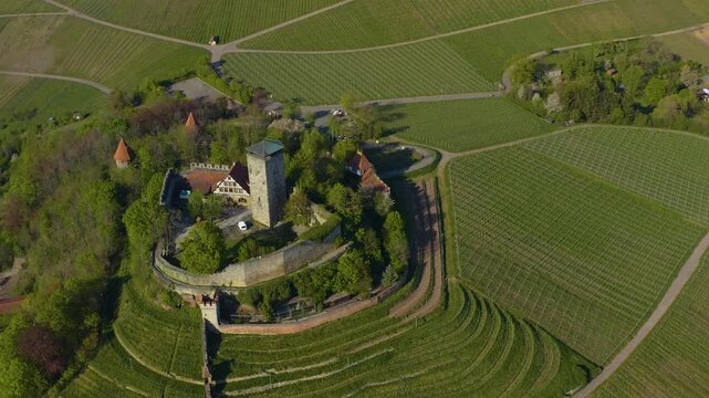 Aerial view of the village and castle Beilstein in Germany on a sunny day in early spring noon.