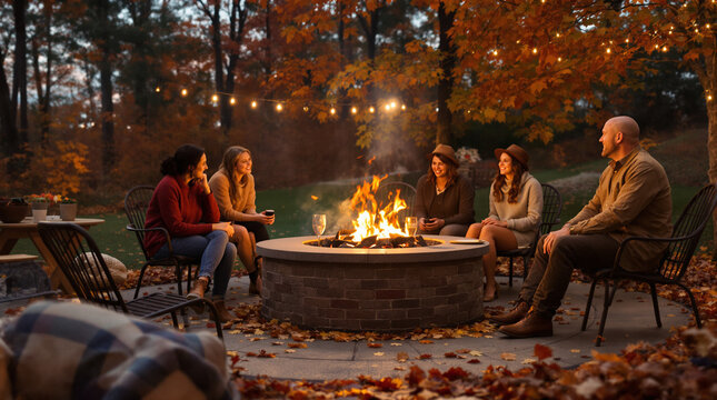 Friendsgiving backyard fire pit gathering with people sitting around a burning fire in autumn