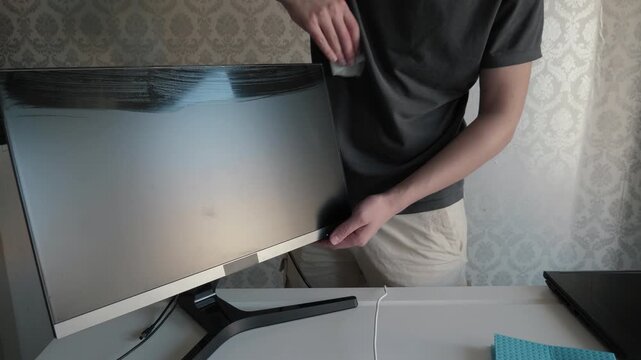 Person cleaning screen with cloth carefully. Hands wiping reflective monitor surface on tidy desk. Home technician meticulously removing fingerprints from glossy computer monitor with soft lighting