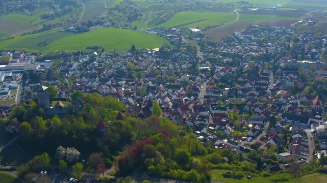 Aerial view of the village and castle Beilstein in Germany on a sunny day in early spring noon.