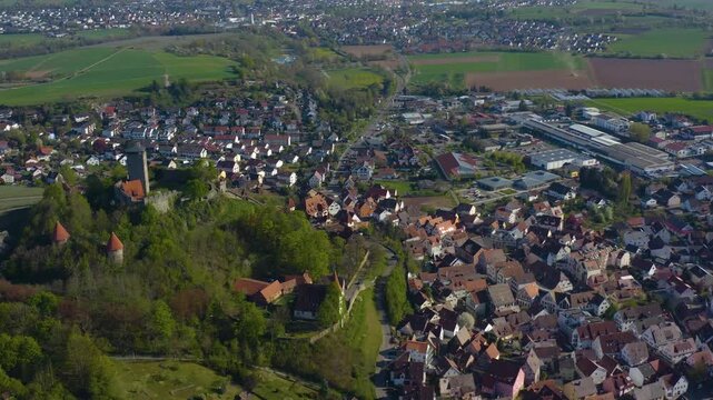 Aerial view of the village and castle Beilstein in Germany on a sunny day in early spring noon.