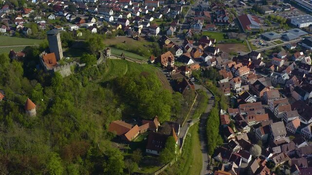 Aerial view of the village and castle Beilstein in Germany on a sunny day in early spring noon.