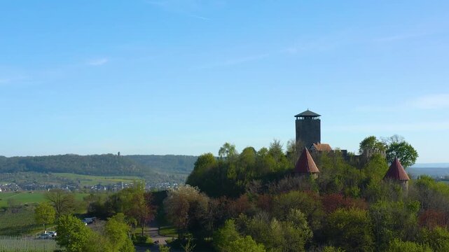 Aerial view of the village and castle Beilstein in Germany on a sunny day in early spring noon.