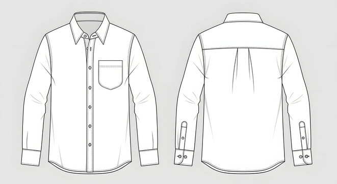 White long sleeve dress shirt with pocket and button-down collar flat lay illustration