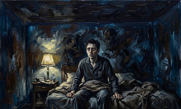 An expressionist oil painting on canvas: a bedroom at 3am &mdash; a single figure sits bolt upright in a disheveled bed, sheets tangled, one lamp casting a single sickly yellow shaft of light.