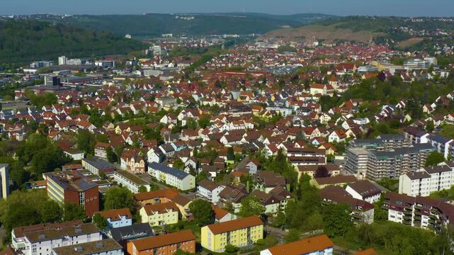 Panoramic Aerial view of  the city of Esslingen in Germany.  On sunny spring morning.