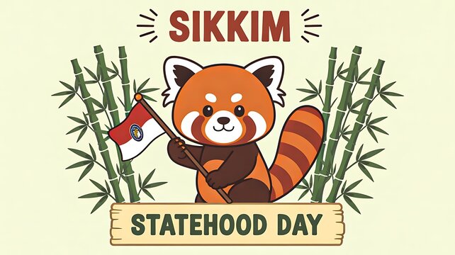Sikkim statehood day illustration with cute red panda bamboo and patriotic celebration theme