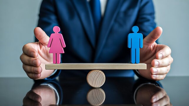 Gender equality concept with male and female symbols balanced on wooden scale
