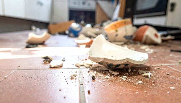 Shattered Porcelain Shards Littering a Tiled Floor