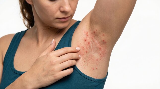 Axillary skin irritation and red rash in woman's underarm area