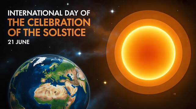 International day of the celebration of the solstice with glowing sun and earth illustration