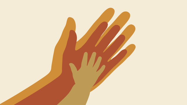 Minimalist silhouette of overlapping hands of different generations. Symbolizes protection, generation gap, family support, and community togetherness concepts.