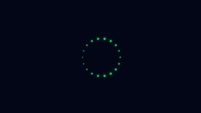 A circular loading indicator with bright green dots on a dark background, signifying a process in progress or buffering
