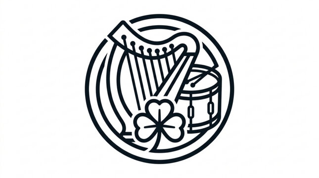 Celtic emblem with harp shamrock and drum in black lines on white background symbolizing irish culture and heritage