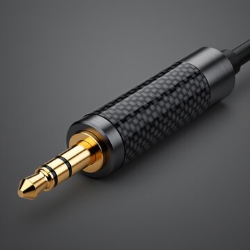 Close-up of a 3.5mm audio jack with carbon fiber texture gold plated male connector headphone jac