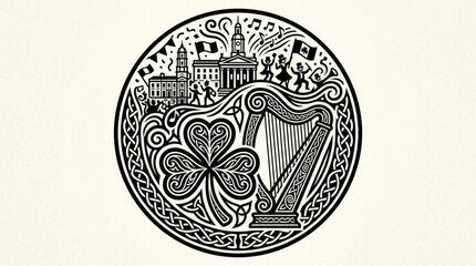Naklejka premium Celtic knotwork icon featuring a harp shamrock and dublin skyline in a circular frame with musical notes and dancing figures representing irish culture and heritage