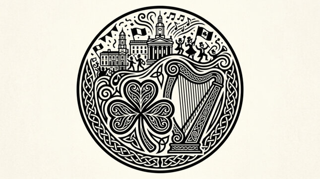 Celtic knotwork icon featuring a harp shamrock and dublin skyline in a circular frame with musical notes and dancing figures representing irish culture and heritage