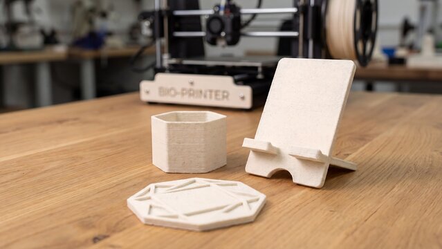 3D printed objects on a wooden table
