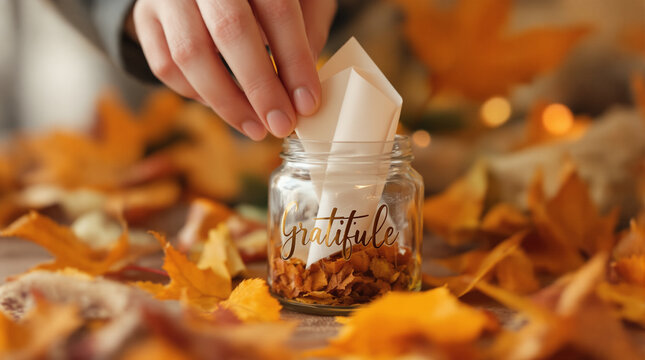 Hand adding handwritten gratitude notes into a jar filled with autumn leaves for a Friendsgiving celebration during fall season