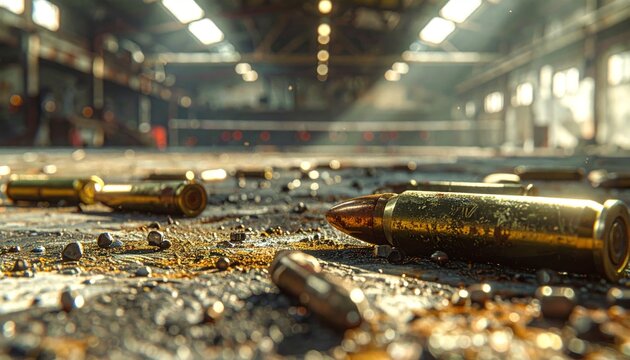 Scattered Bullet Casings on a Rough Industrial Surface