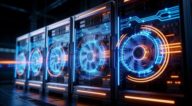 Cinematic 4K Loop of High Tech Server Racks with Glowing Blue and Orange Cooling Fans and Motion Light Trails in a Dark Data Center