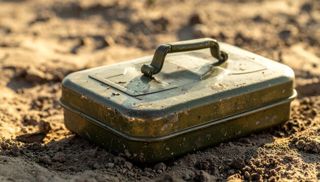 Dented Military Mess Kit Lying on Dusty Ground