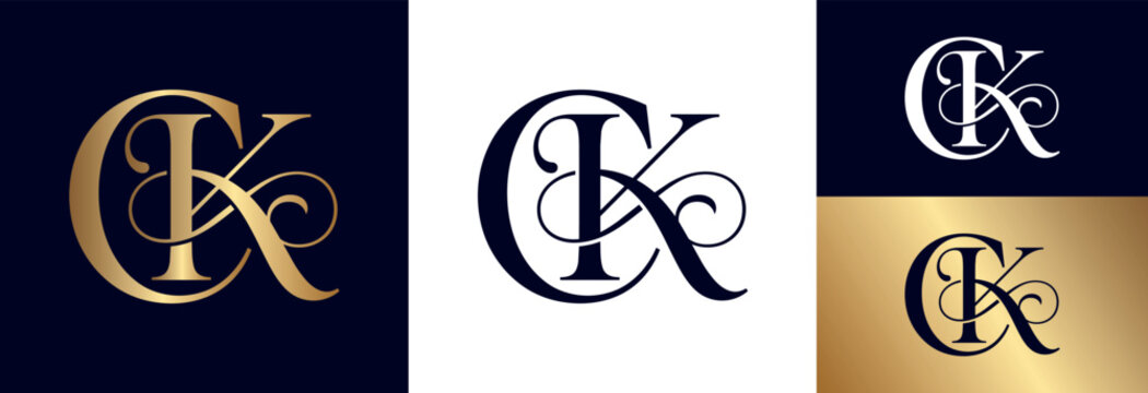 Luxury CK monogram logo, elegant script, vintage brand identity, classic style.
