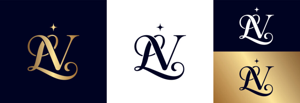 Elegant LV monogram logo design in golden color on dark blue background.