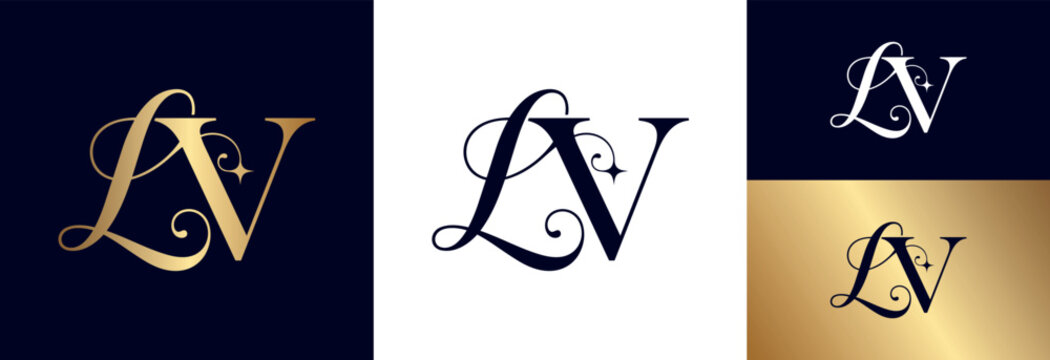 Stylish LV monogram logo in dark blue on white and gold backgrounds.