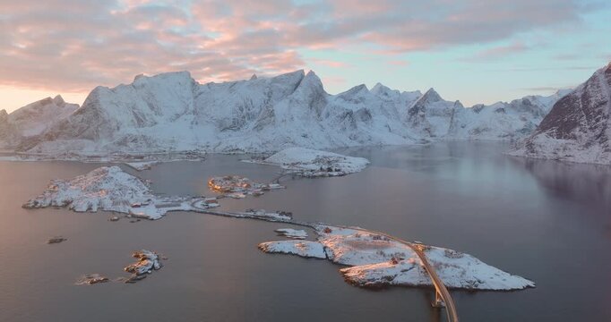 Aerial view of the city of Reine in Lofoten
