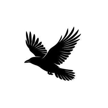 A silhouette of a black raven in mid-flight against a white background, showcasing its wings spread wide