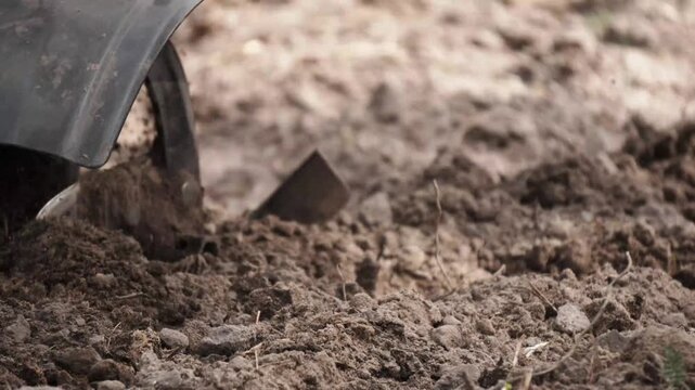 4K B-Roll Rotary Tiller Digging Churning Dark Earth Soil Preparation Outdoor Garden Farm Equipment Motion